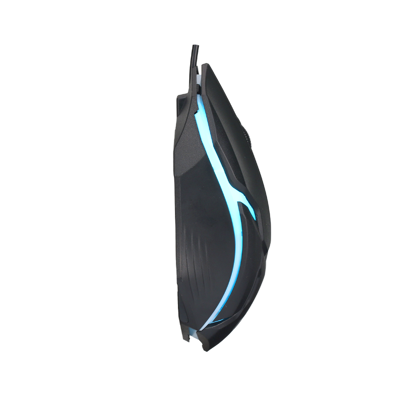 Side view of GAMEON DOMINION Series RGB Wired Mouse featuring black ergonomic body with glowing blue LED accents and textured grip for comfort.