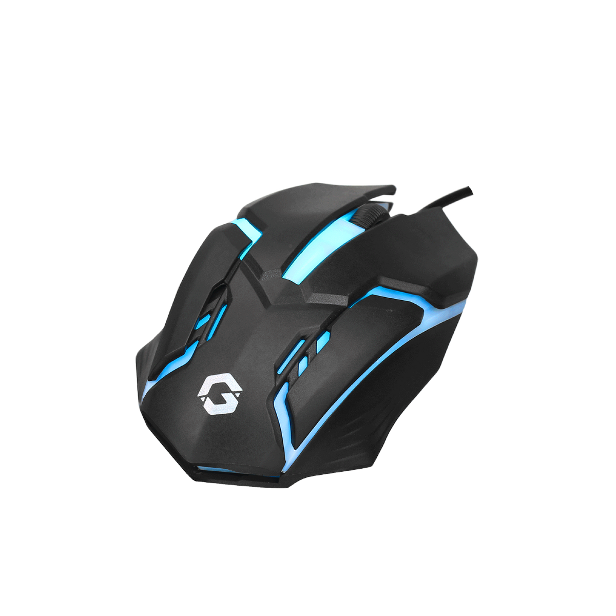 Angled view of GAMEON DOMINION Series RGB Wired Mouse in black with blue LED lighting, showcasing its ergonomic shape and illuminated GAMEON logo.