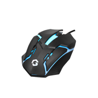 Angled view of GAMEON DOMINION Series RGB Wired Mouse in black with blue LED lighting, showcasing its ergonomic shape and illuminated GAMEON logo.