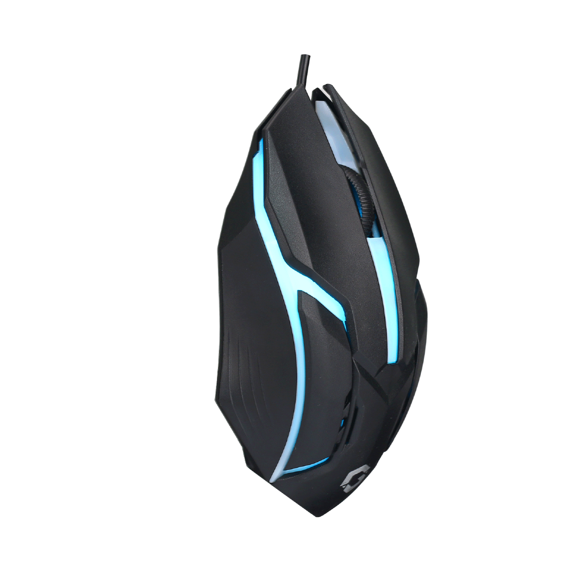 Side-angled view of GAMEON DOMINION Series RGB Wired Mouse highlighting blue LED accents, scroll wheel, and contoured ergonomic grip design.