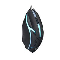 Side-angled view of GAMEON DOMINION Series RGB Wired Mouse highlighting blue LED accents, scroll wheel, and contoured ergonomic grip design.