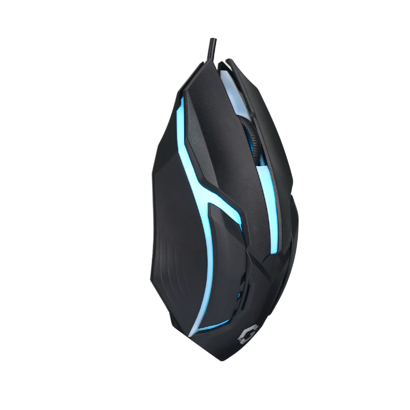 Side-angled view of GAMEON DOMINION Series RGB Wired Mouse highlighting blue LED accents, scroll wheel, and contoured ergonomic grip design.