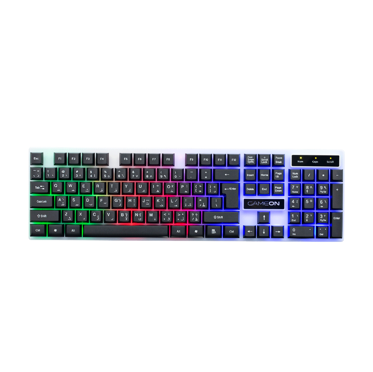 Top view of GAMEON DOMINION Series GO21KM-B RGB Wired Keyboard showing full-size English/Arabic key layout with multi-zone rainbow backlighting and numeric keypad.