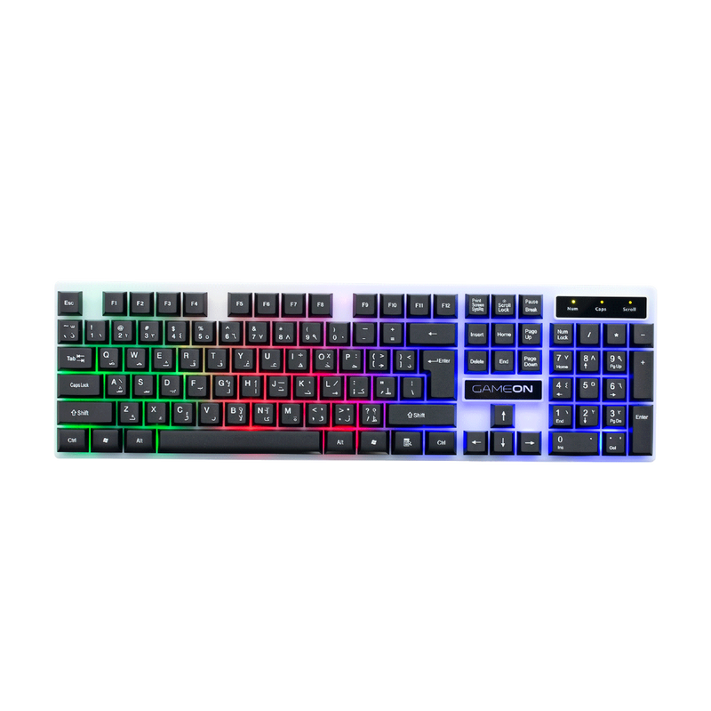 Top view of GAMEON DOMINION Series GO21KM-B RGB Wired Keyboard showing full-size English/Arabic key layout with multi-zone rainbow backlighting and numeric keypad.