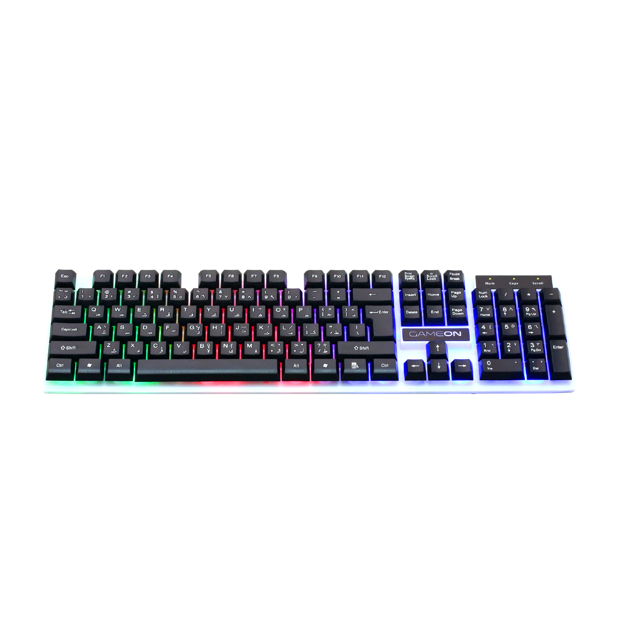 Angled view of GAMEON DOMINION Series GO21KM-B RGB Wired Keyboard highlighting the English/Arabic layout with vibrant rainbow backlighting across all keys and full numeric keypad.