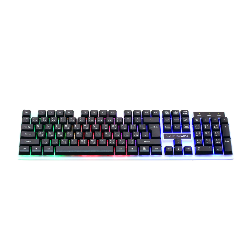 Angled view of GAMEON DOMINION Series GO21KM-B RGB Wired Keyboard highlighting the English/Arabic layout with vibrant rainbow backlighting across all keys and full numeric keypad.
