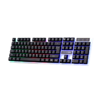Side-angled view of GAMEON DOMINION Series GO21KM-B RGB Wired Keyboard displaying rainbow backlighting, full-size English/Arabic layout, and ergonomic keycap design.