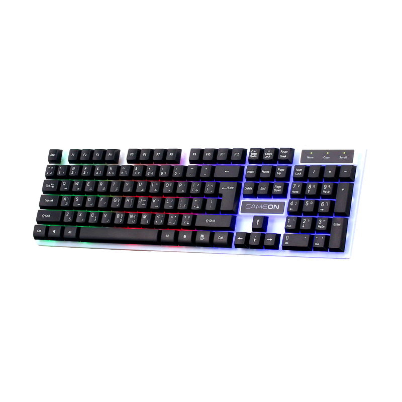 Side-angled view of GAMEON DOMINION Series GO21KM-B RGB Wired Keyboard displaying rainbow backlighting, full-size English/Arabic layout, and ergonomic keycap design.