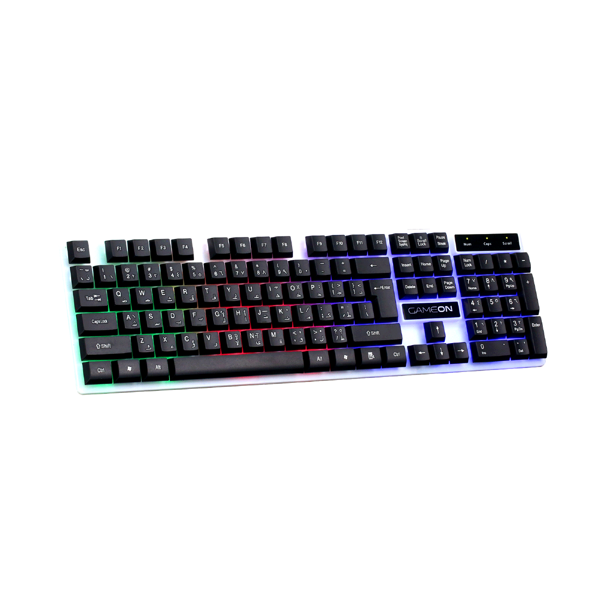 Angled top-left view of GAMEON DOMINION Series GO21KM-B RGB Wired Keyboard, showing multi-zone rainbow lighting, slim design, and full English/Arabic key layout with numeric keypad.
