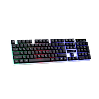 Angled top-left view of GAMEON DOMINION Series GO21KM-B RGB Wired Keyboard, showing multi-zone rainbow lighting, slim design, and full English/Arabic key layout with numeric keypad.