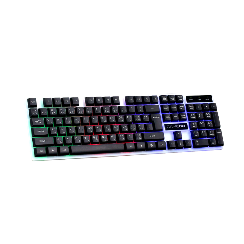 Angled top-left view of GAMEON DOMINION Series GO21KM-B RGB Wired Keyboard, showing multi-zone rainbow lighting, slim design, and full English/Arabic key layout with numeric keypad.