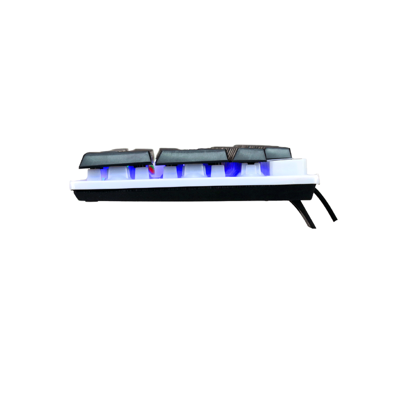 Side view of GAMEON DOMINION Series GO21KM-B RGB Wired Keyboard highlighting elevated keycaps, slim white chassis, and blue backlight illumination.