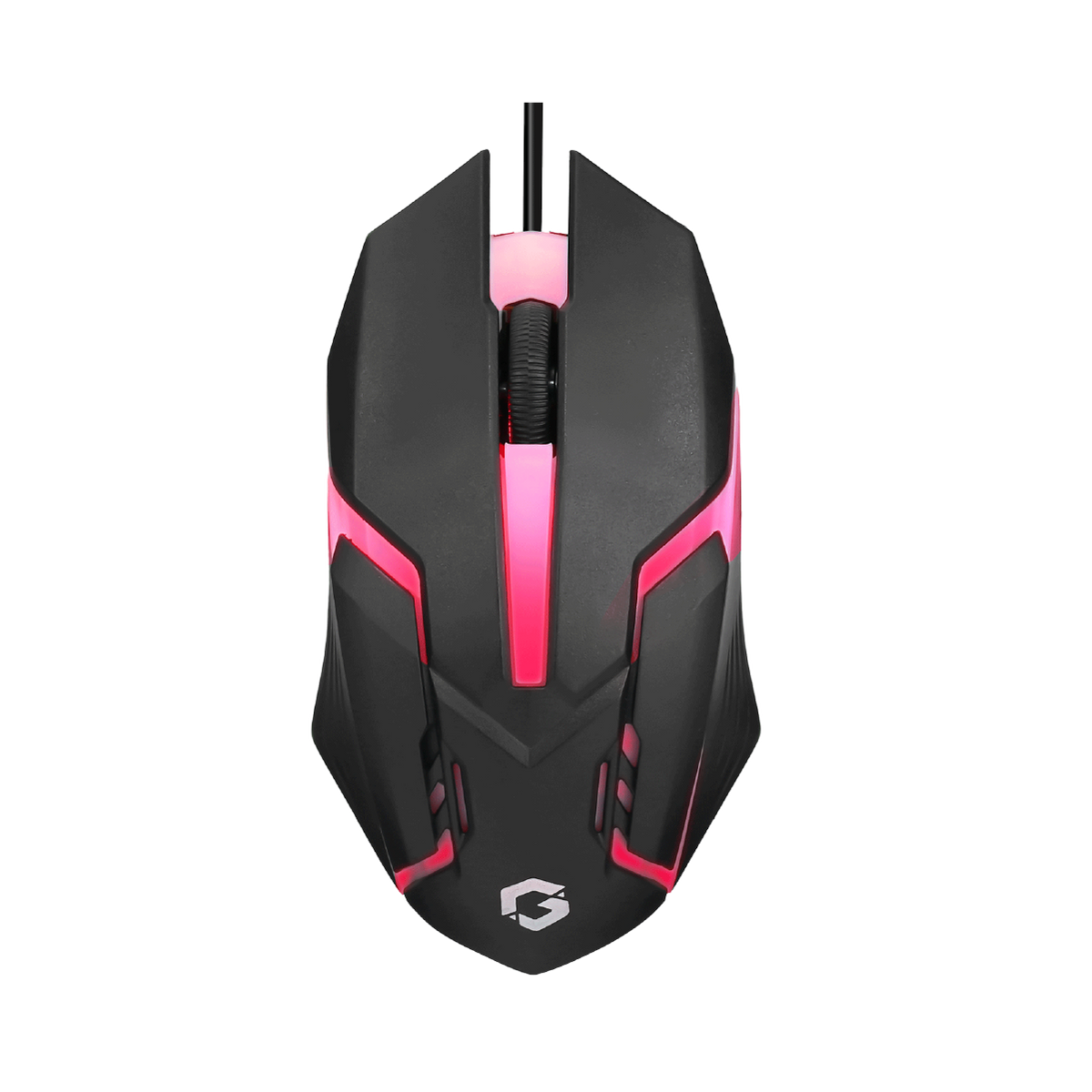 Top view of GAMEON DOMINION Series RGB Wired Mouse featuring black and pink design with illuminated scroll wheel and angular ergonomic shape.