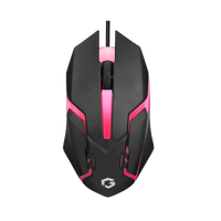 Top view of GAMEON DOMINION Series RGB Wired Mouse featuring black and pink design with illuminated scroll wheel and angular ergonomic shape.
