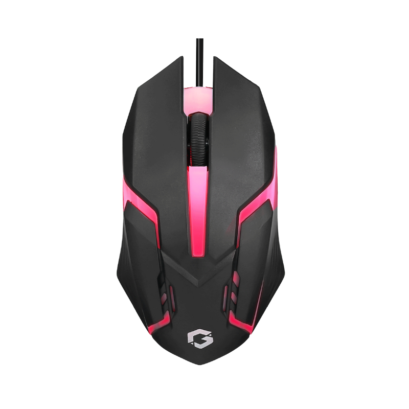 Top view of GAMEON DOMINION Series RGB Wired Mouse featuring black and pink design with illuminated scroll wheel and angular ergonomic shape.