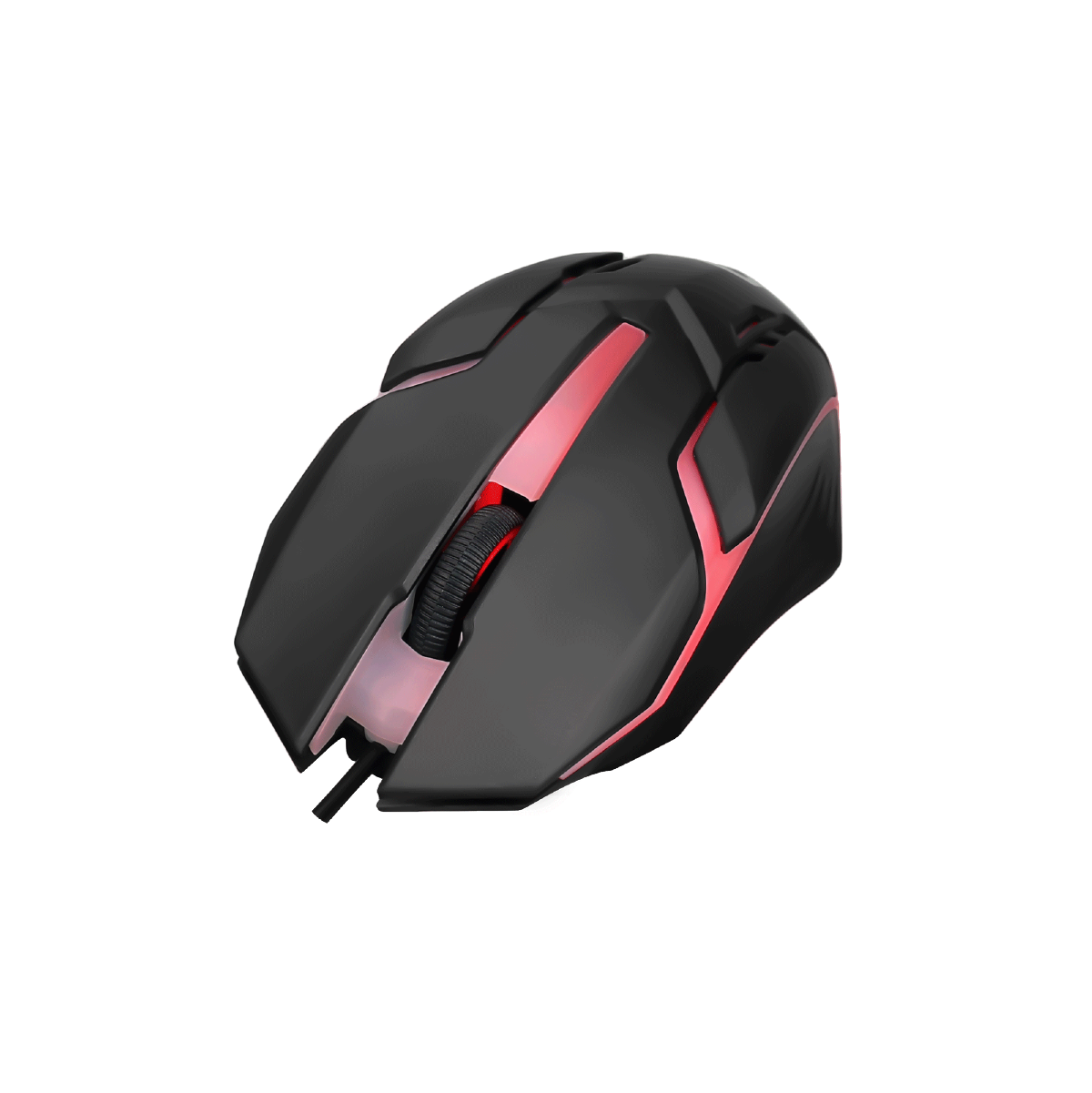 Angled view of GAMEON DOMINION Series RGB Wired Mouse showing sleek black and pink body, illuminated scroll wheel, and ergonomic curved design.