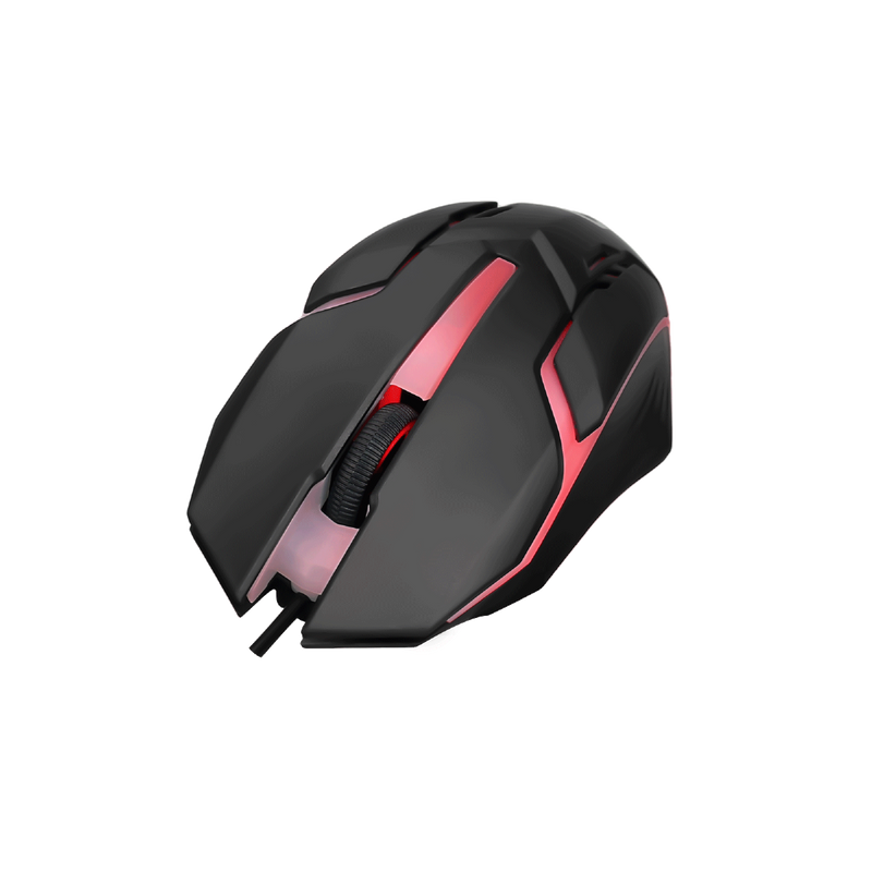 Angled view of GAMEON DOMINION Series RGB Wired Mouse showing sleek black and pink body, illuminated scroll wheel, and ergonomic curved design.