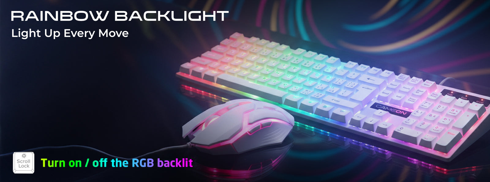 Close-up of GAMEON DOMINION Series GO21KM-W RGB Wired Keyboard & Mouse Combo showcasing vivid rainbow backlighting across both devices, with the text “RAINBOW BACKLIGHT – Light Up Every Move” and note to toggle lighting using the Scroll Lock key.