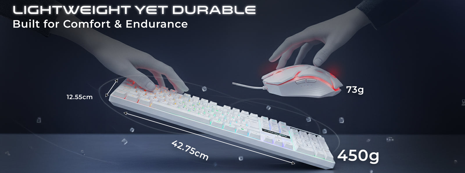 Hands holding the GAMEON DOMINION Series GO21KM-W RGB Wired Keyboard & Mouse Combo, highlighting lightweight design - 450g keyboard and 73g mouse. Dimensions labeled as 42.75 cm × 12.55 cm with RGB lighting, emphasizing comfort and durability.