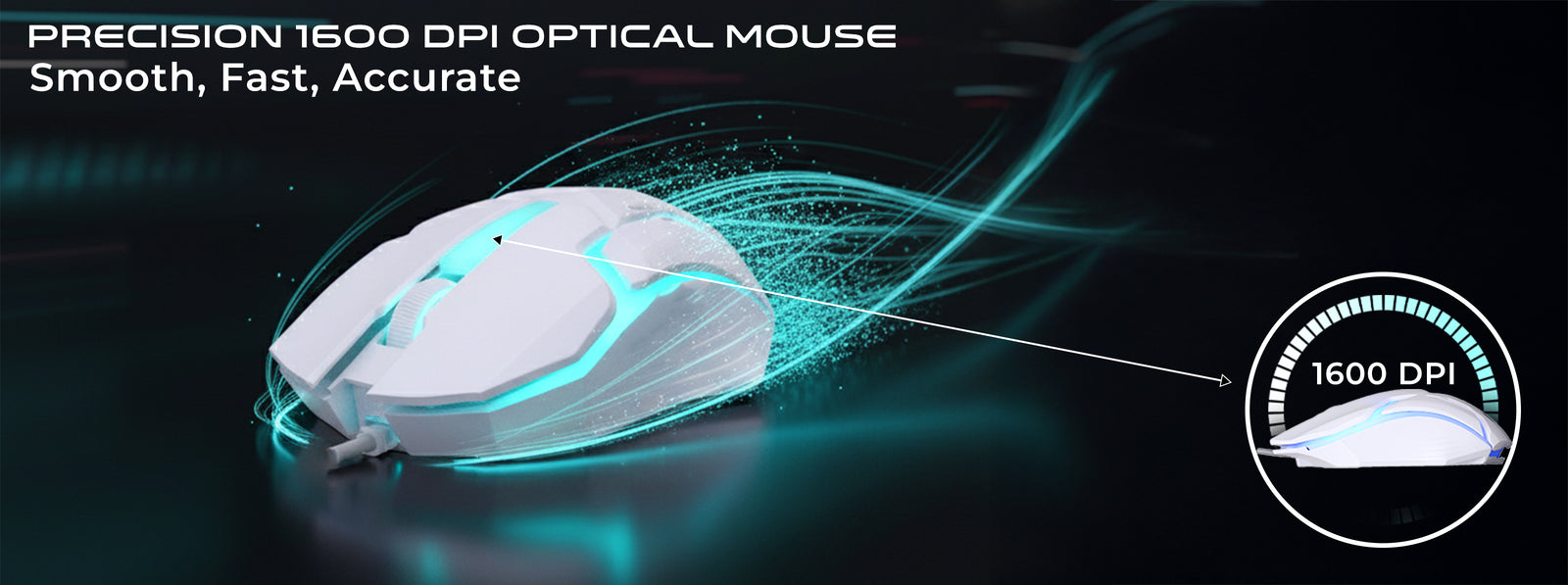 Close-up of GAMEON DOMINION Series GO21KM-W RGB Wired Mouse featuring a glowing blue light beam and “1600 DPI” optical sensor indicator, emphasizing smooth, fast, and accurate performance for gaming precision.