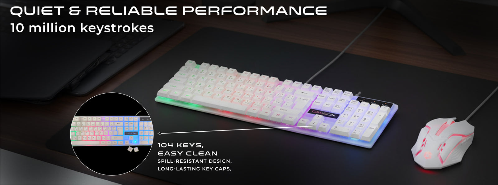 Top view of GAMEON DOMINION Series GO21KM-W RGB Wired Keyboard with 104 spill-resistant keys, featuring rainbow backlighting and durable keycaps designed for 10 million keystrokes, ensuring quiet and reliable performance.