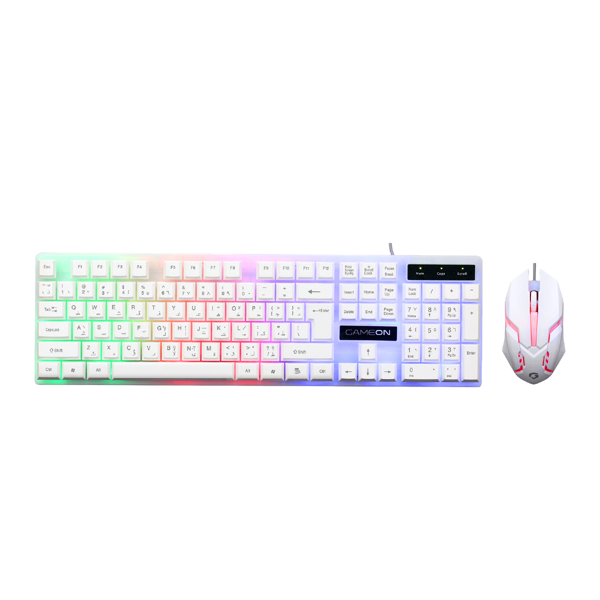 Front view of GAMEON DOMINION Series GO21KM-W RGB Wired Keyboard & Mouse 2 in 1 Combo, featuring a full-size English/Arabic layout keyboard with rainbow backlighting and matching ergonomic RGB gaming mouse.