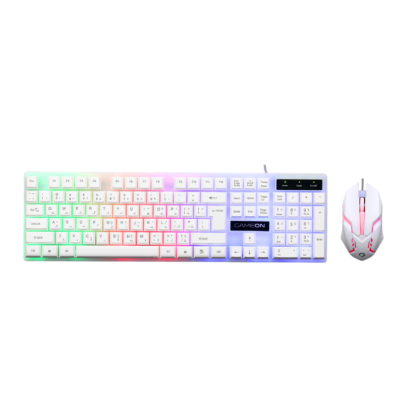 Front view of GAMEON DOMINION Series GO21KM-W RGB Wired Keyboard & Mouse 2 in 1 Combo, featuring a full-size English/Arabic layout keyboard with rainbow backlighting and matching ergonomic RGB gaming mouse.