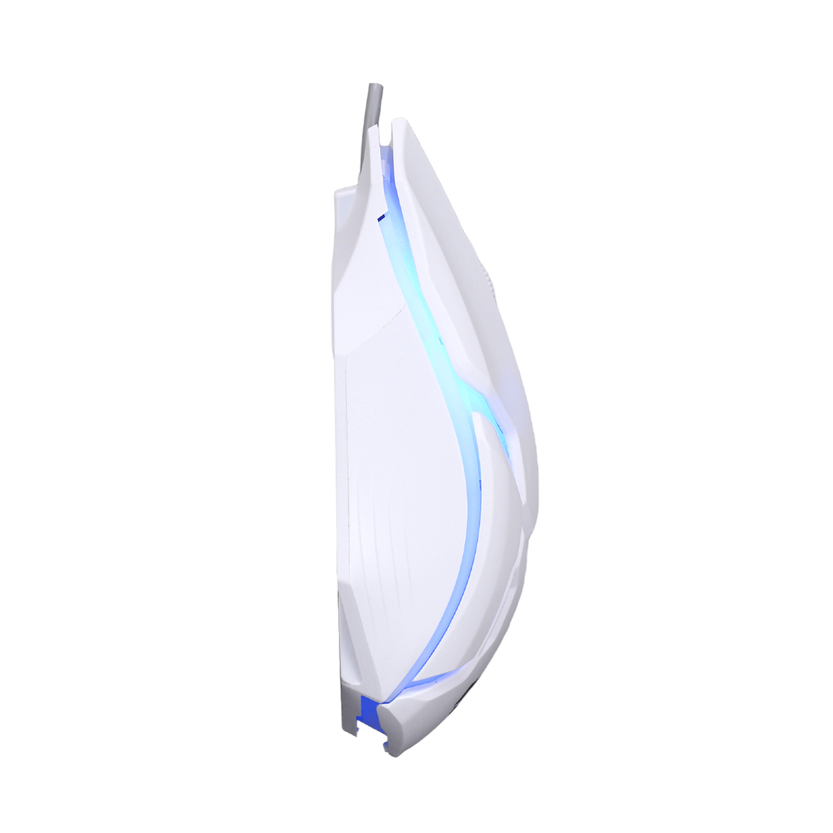 Side view of GAMEON DOMINION Series RGB Wired Mouse featuring white ergonomic body with glowing blue LED accents and textured grip for comfort.
