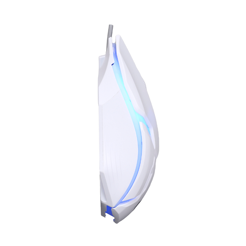 Side view of GAMEON DOMINION Series RGB Wired Mouse featuring white ergonomic body with glowing blue LED accents and textured grip for comfort.