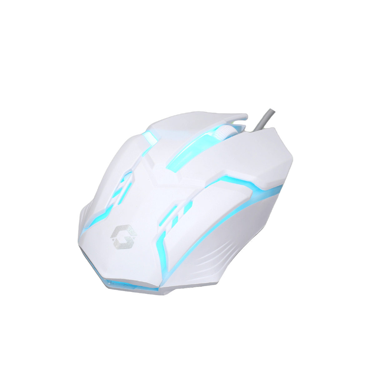 Angled view of GAMEON DOMINION Series RGB Wired Mouse in white with blue LED lighting, showcasing its ergonomic shape and illuminated GAMEON logo.