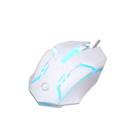 Angled view of GAMEON DOMINION Series RGB Wired Mouse in white with blue LED lighting, showcasing its ergonomic shape and illuminated GAMEON logo.