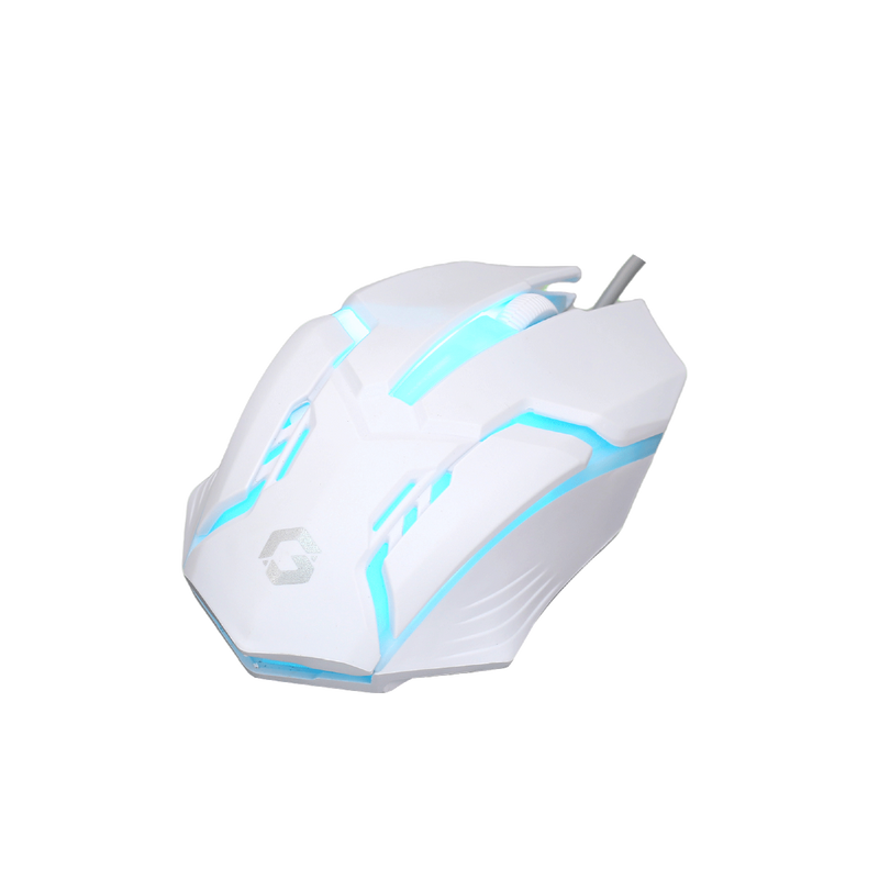 Angled view of GAMEON DOMINION Series RGB Wired Mouse in white with blue LED lighting, showcasing its ergonomic shape and illuminated GAMEON logo.