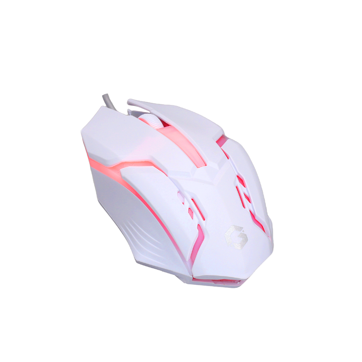 Close-up view of the GAMEON DOMINION Series GO21KM-W RGB Wired Gaming Mouse in white color, featuring pink LED backlighting, ergonomic design, and a sleek matte finish for comfortable grip and precise control.