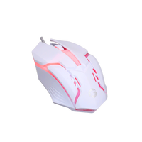 Close-up view of the GAMEON DOMINION Series GO21KM-W RGB Wired Gaming Mouse in white color, featuring pink LED backlighting, ergonomic design, and a sleek matte finish for comfortable grip and precise control.
