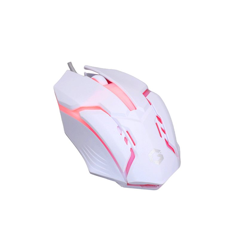 Close-up view of the GAMEON DOMINION Series GO21KM-W RGB Wired Gaming Mouse in white color, featuring pink LED backlighting, ergonomic design, and a sleek matte finish for comfortable grip and precise control.