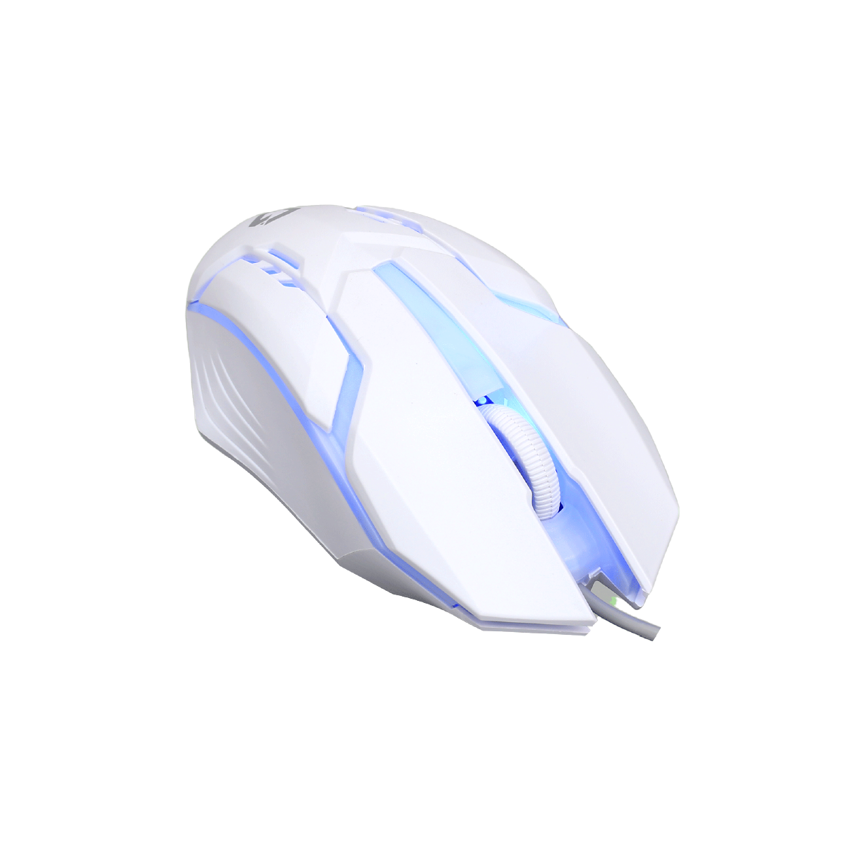 Angled view of GAMEON DOMINION Series RGB Wired Mouse showcasing white and pink illuminated design with ergonomic grip and scroll wheel lighting.
