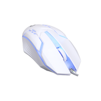 Angled view of GAMEON DOMINION Series RGB Wired Mouse showcasing white and pink illuminated design with ergonomic grip and scroll wheel lighting.