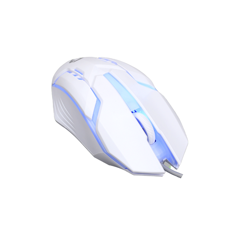 Angled view of GAMEON DOMINION Series RGB Wired Mouse showcasing white and pink illuminated design with ergonomic grip and scroll wheel lighting.