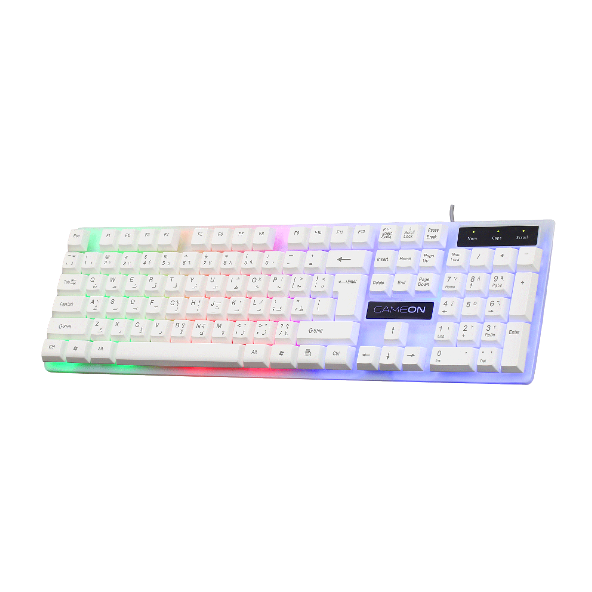Side-angled view of GAMEON DOMINION Series GO21KM-W RGB Wired Keyboard displaying rainbow backlighting, full-size English/Arabic layout, and ergonomic keycap design.