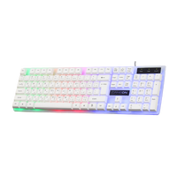 Side-angled view of GAMEON DOMINION Series GO21KM-W RGB Wired Keyboard displaying rainbow backlighting, full-size English/Arabic layout, and ergonomic keycap design.