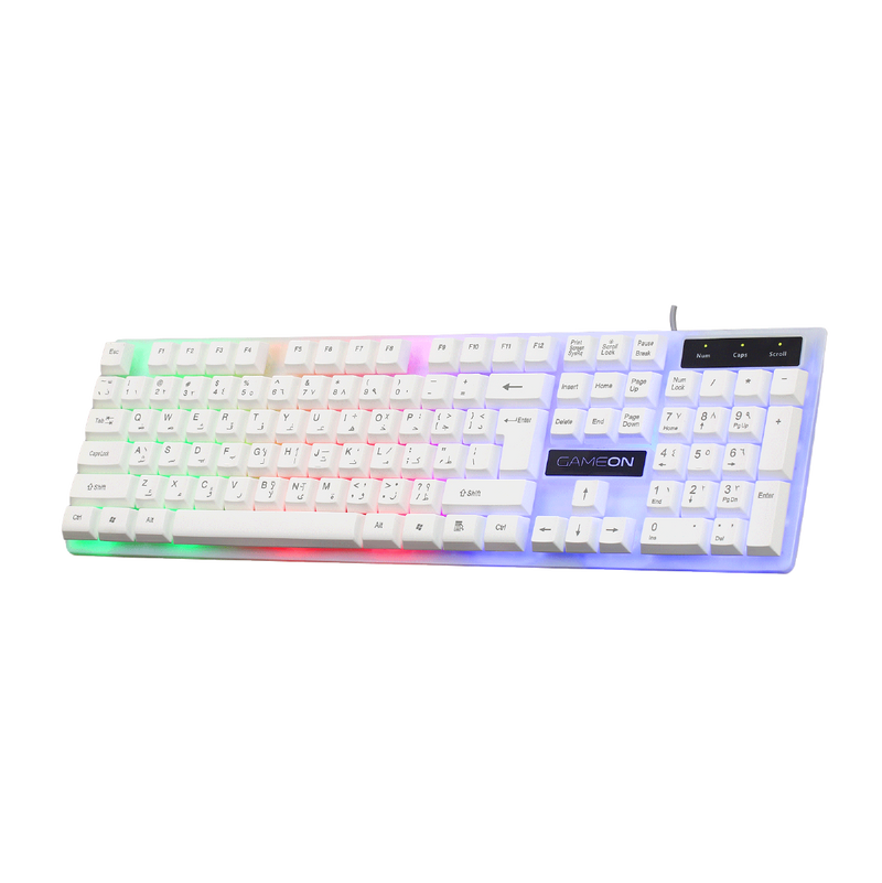 Side-angled view of GAMEON DOMINION Series GO21KM-W RGB Wired Keyboard displaying rainbow backlighting, full-size English/Arabic layout, and ergonomic keycap design.