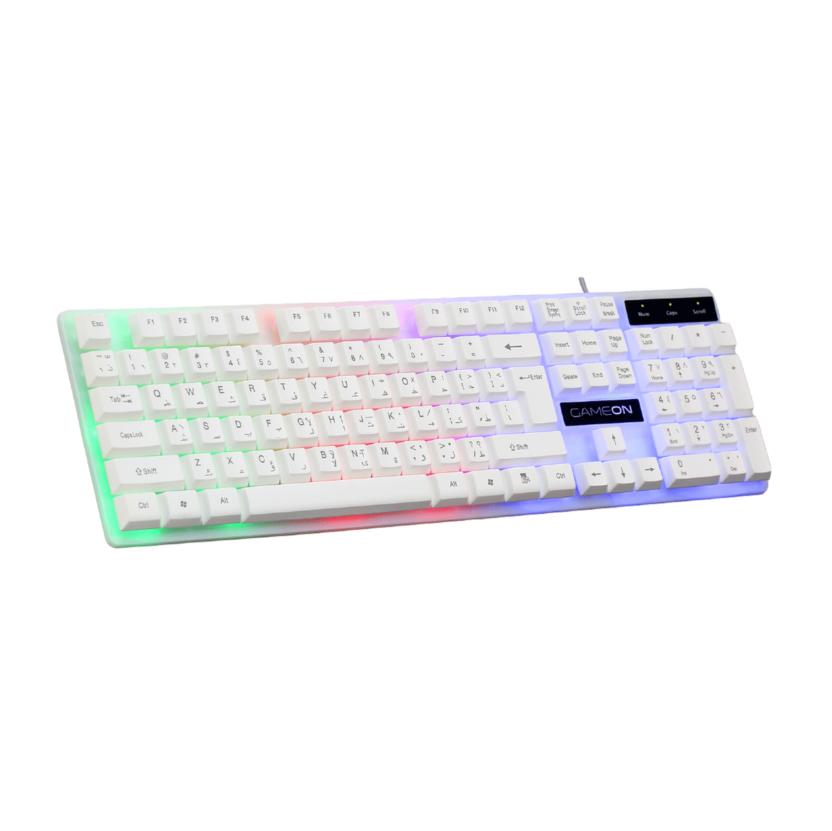 Angled top-left view of GAMEON DOMINION Series GO21KM-W RGB Wired Keyboard, showing multi-zone rainbow lighting, slim design, and full English/Arabic key layout with numeric keypad.