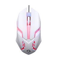 Top view of GAMEON DOMINION Series RGB Wired Mouse featuring white and pink design with illuminated scroll wheel and angular ergonomic shape.