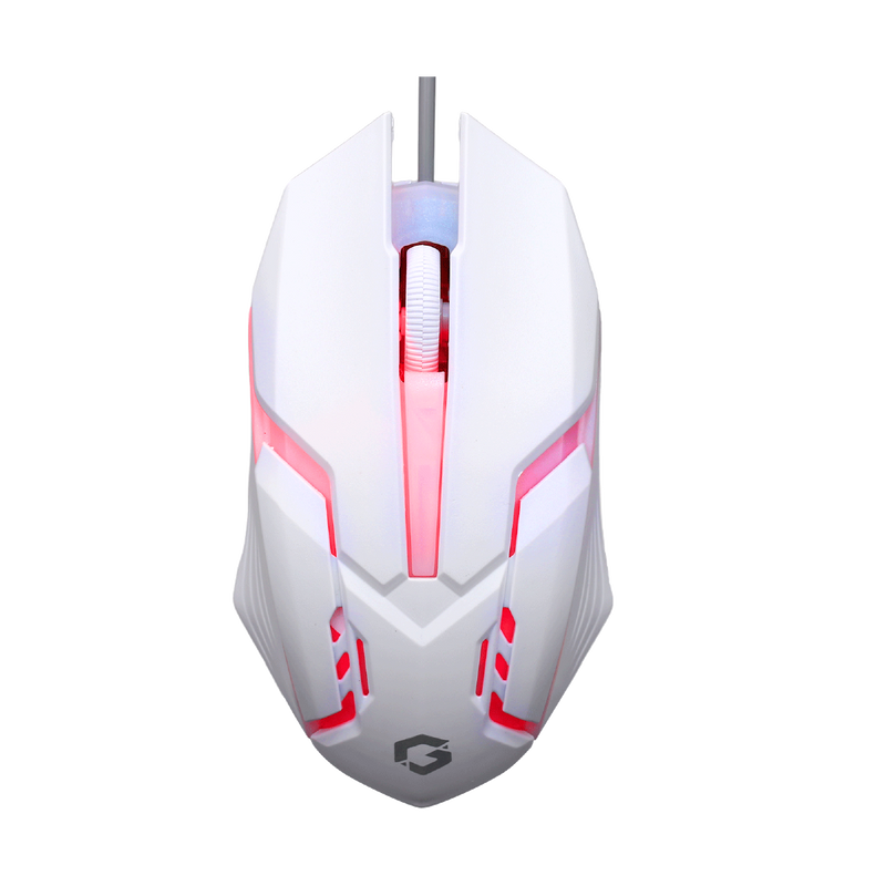Top view of GAMEON DOMINION Series RGB Wired Mouse featuring white and pink design with illuminated scroll wheel and angular ergonomic shape.