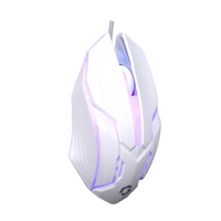 Side-angled view of GAMEON DOMINION Series RGB Wired Mouse highlighting blue LED accents, scroll wheel, and contoured ergonomic grip design.