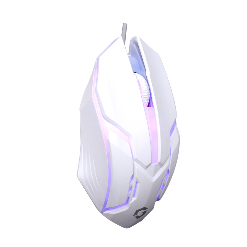 Side-angled view of GAMEON DOMINION Series RGB Wired Mouse highlighting blue LED accents, scroll wheel, and contoured ergonomic grip design.