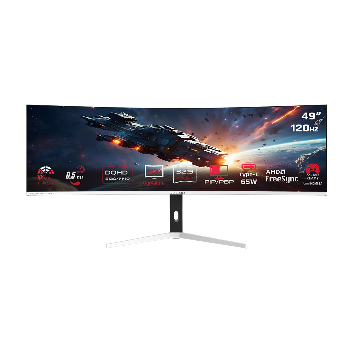GAMEON GOAC49DQHD120 Spectra Pro X Series 49" DQHD, 120Hz, MPRT 0.5ms, HDMI 2.1, Fast VA Panel Curved Gaming Monitor 1500R 32:9 (Supports PS5) - White