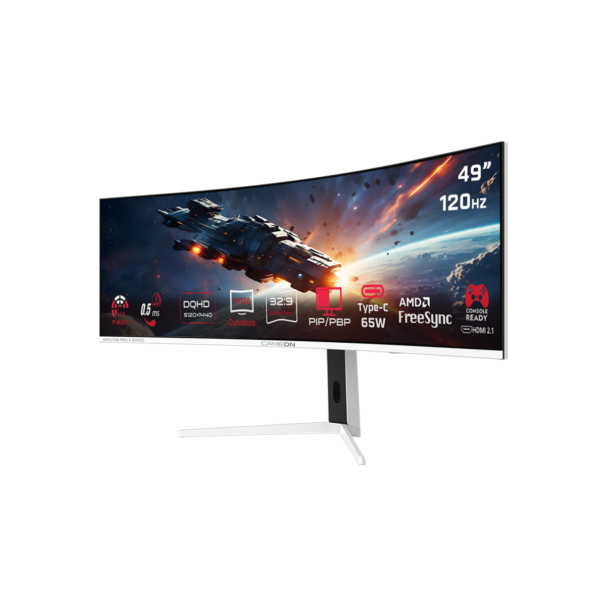 GAMEON GOAC49DQHD120 Spectra Pro X Series 49" DQHD, 120Hz, MPRT 0.5ms, HDMI 2.1, Fast VA Panel Curved Gaming Monitor 1500R 32:9 (Supports PS5) - White
