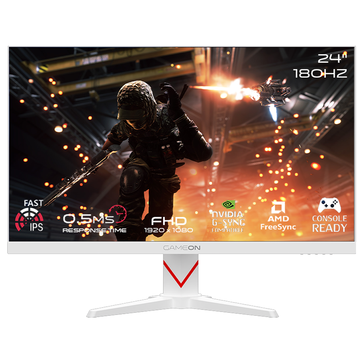 جيم أون, شاشة الألعاب فئة ماركسمان بحجم 24 بوصة. 180 هرتز, زمن الاستجابه 0.5, اتش دي ام اي 2.1 تدعم سوني 5 - أبيض