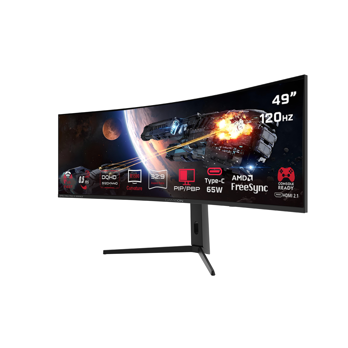 Pre Order GAMEON GOC49DQHD120 Spectra Pro X Series 49" DQHD, 120Hz, MPRT 0.5ms, HDMI 2.1, Fast VA Panel Curved Gaming Monitor 1500R 32:9 (Supports PS5) - Black